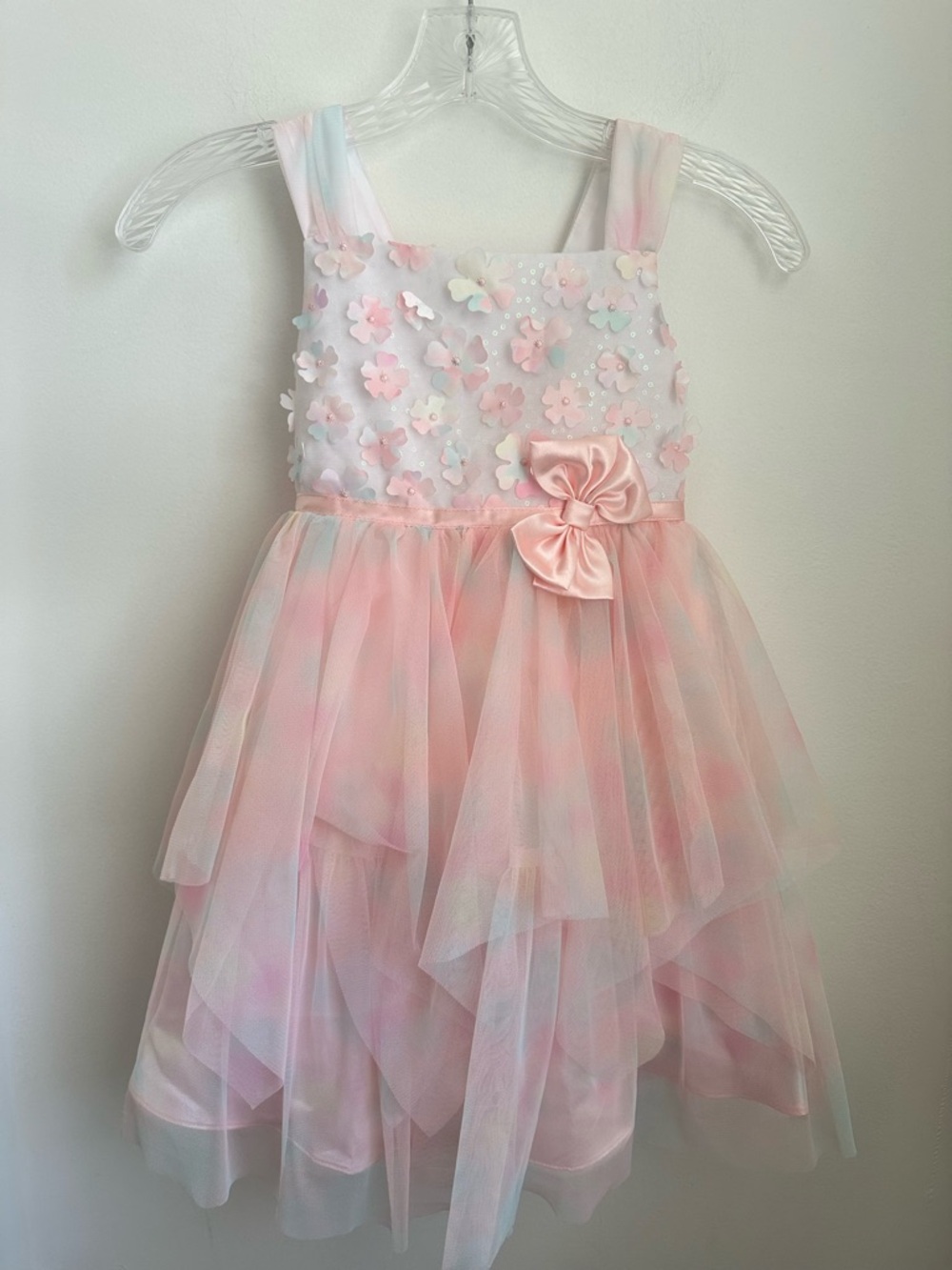 Jona Michelle Pink Pastel Floral Appliqué Tulle Dress
